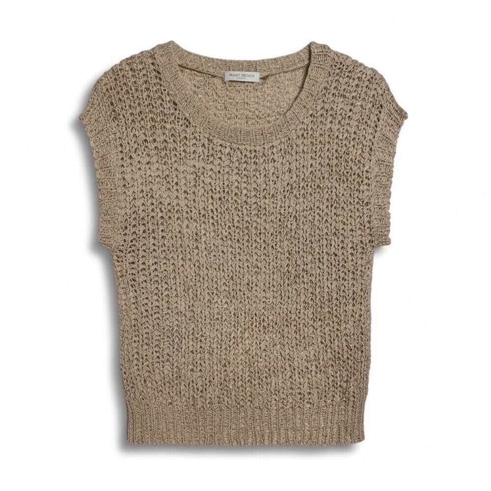 Ramy Brook Lucille beige with Gold Marbled Metallic Open Knit Sweater Top Large